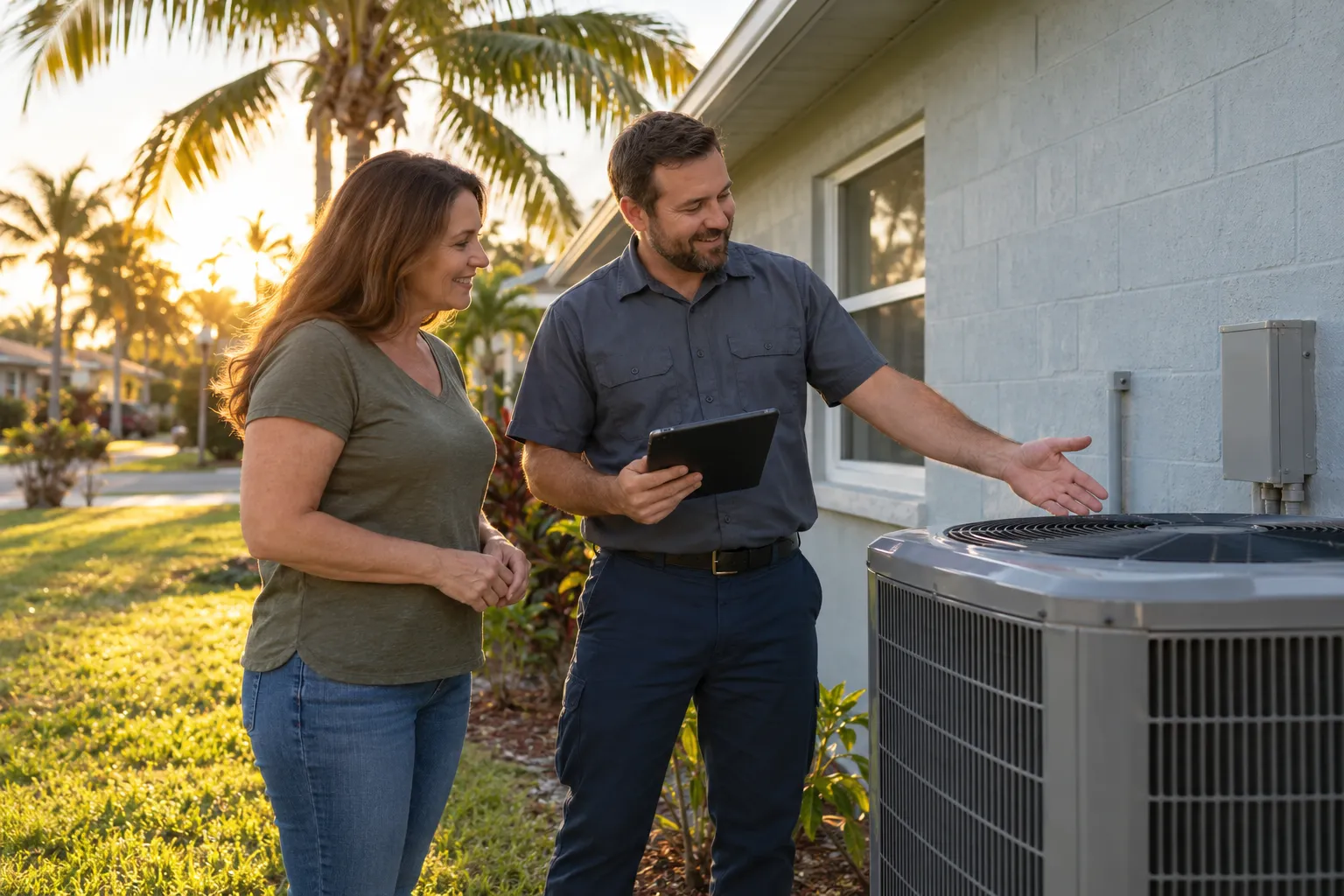 A friendly local provider showing a homeowner a new outdoor air conditioner beside a home in Apopka