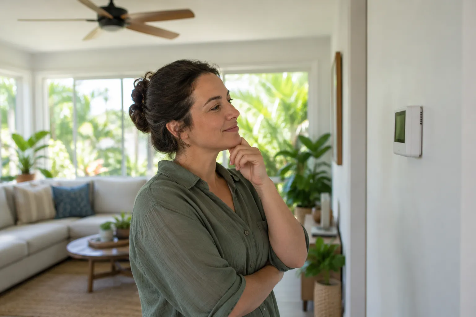 A homeowner checking a thermostat in a warm living room in the Apopka area