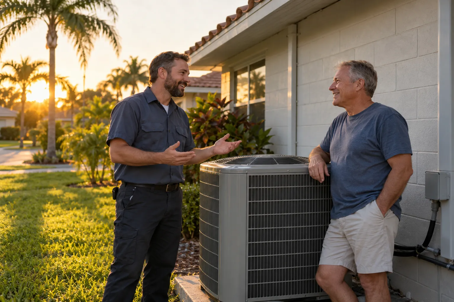 A friendly HVAC provider talking with a homeowner beside an outdoor AC unit in Apopka